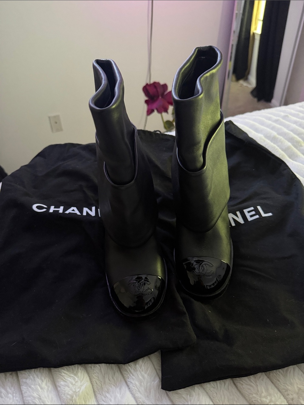 CHANEL Black Leather Knee-High Boots with Patent Cap Toe